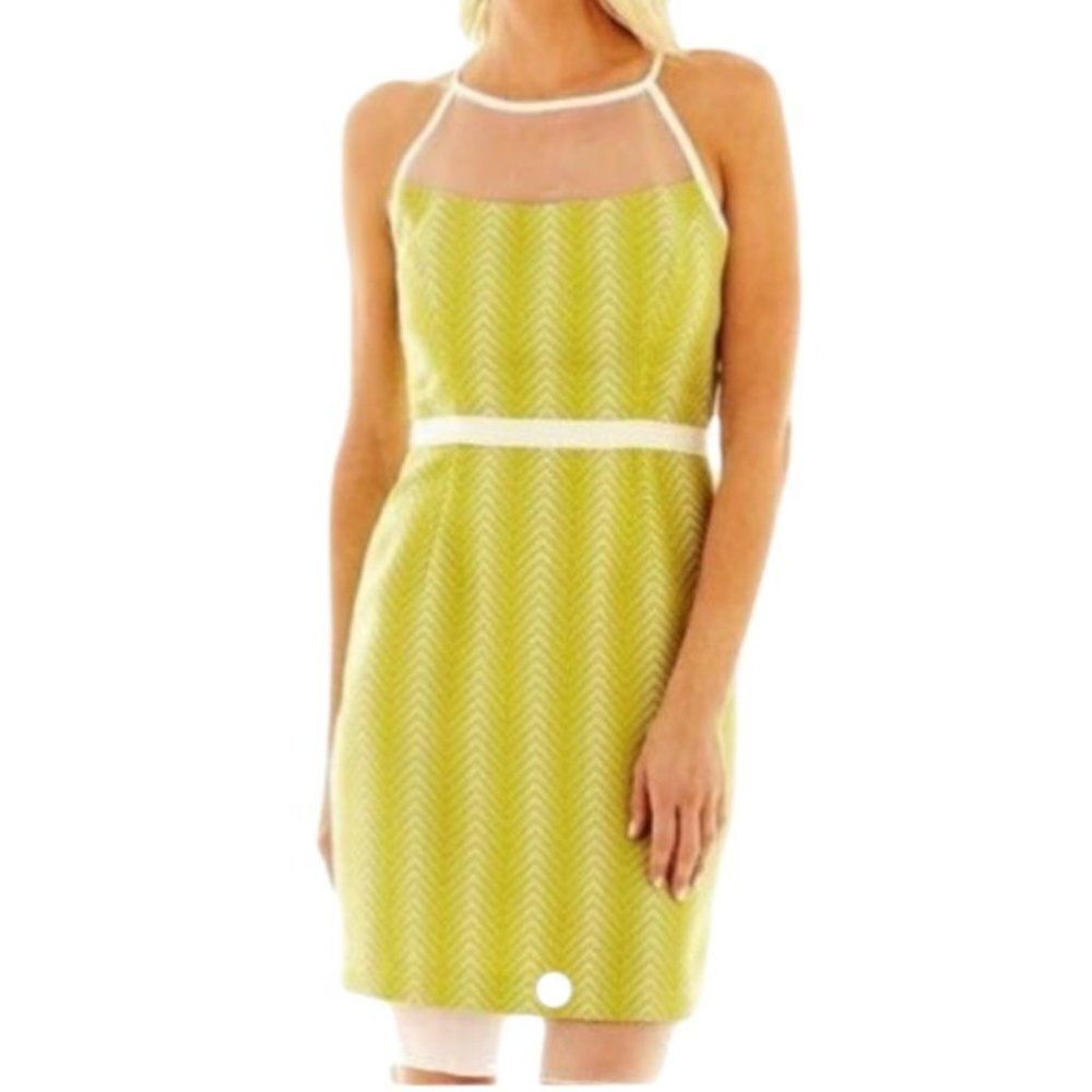 J. Taylor Retro 60's Avocado Green Mod Illusion Sheer Neckline Sheath Dress Sz 8